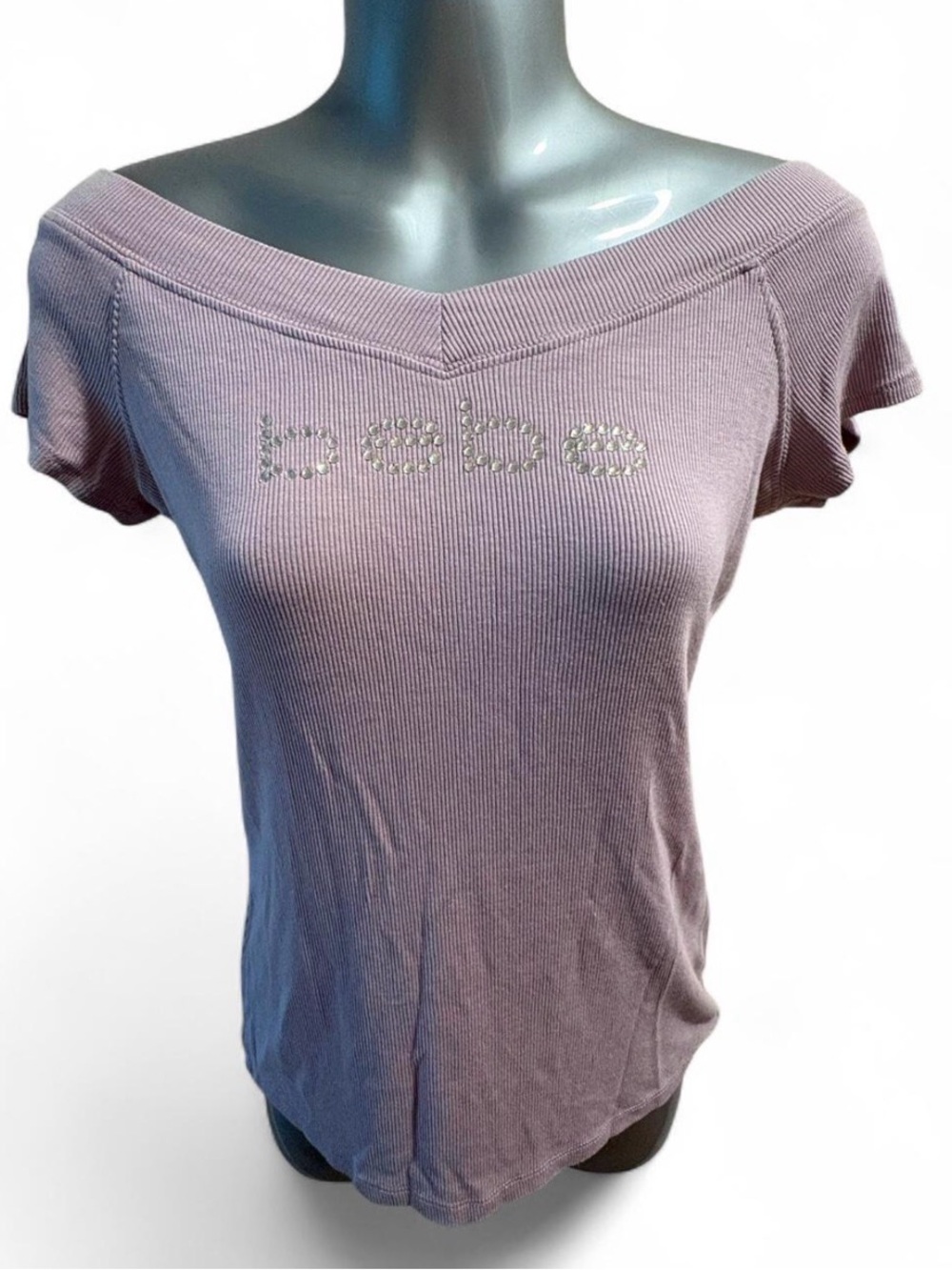 Y2K McBling Vintage Bebe Lavender Off-Shoulder Ribbed Tee Sz L